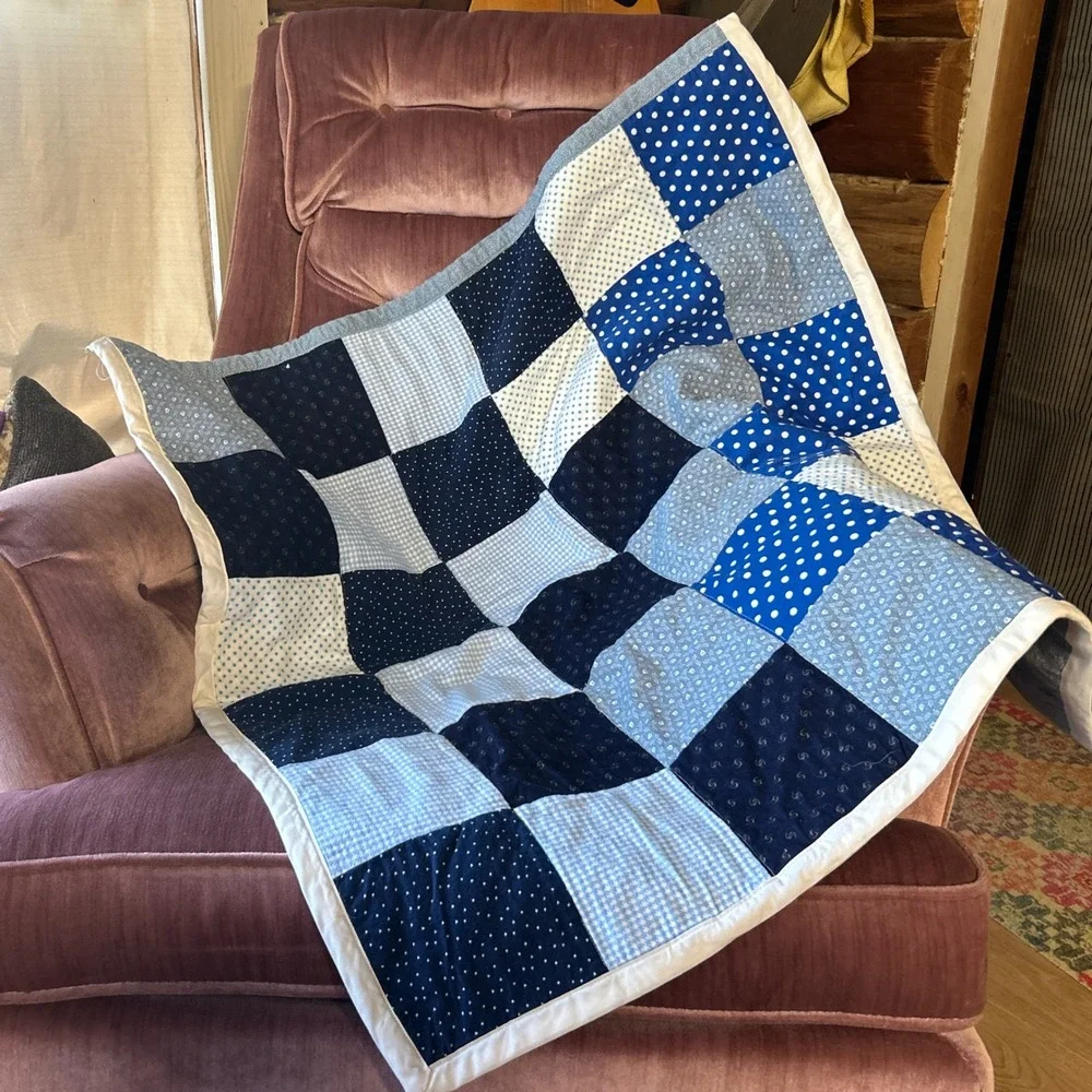 Handmade Blue Love Applique Polka Dot Gingham Patchwork Baby Blanket